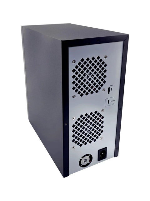 Usb 4 0 Type C Eight Bay Sata Hard Drive Enclosure rear view showing cooling vents and ports for efficient data transfer.