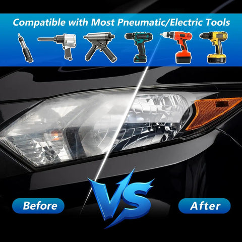 Comparison of car headlights before and after using Headlight Restoration Kit That Brings Dull Lights Back To Life With A 143 Piece Set