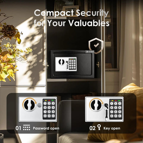 Sturdy Fireproof Dorm Room Safe Box With Wall Mount Kit And Digital Passcode Lock displayed open in a home setting.