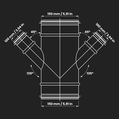 Diagram of Four Way Ducting Splitter W Shape 45 Degree Branches Heavy Duty Galvanized Steel Dust Collection Fitting Pro Grade