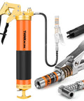 Thinkwork 8000 PSI grease gun kit with orange body, pistol grip handle, and adapters