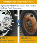 Comparison of truck wheel nuts with and without 20 Pack Chrome Spike Lug Nut Covers For Semi Trucks 33mm Thread On ABS Plastic.