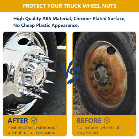 Comparison of truck wheel nuts with and without 20 Pack Chrome Spike Lug Nut Covers For Semi Trucks 33mm Thread On ABS Plastic.