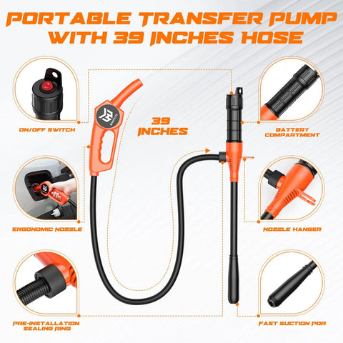 Beast Portable Fuel Transfer Pump With Battery Power For Gasoline Diesel Water Siphon Style 3.0 GPM Flow, 39 Inch Hose