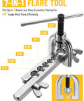 7-In-1 flare tool for 25 Ft Zinc Plated Brake Line Flaring Tool Kit, showing different brake line sizes and 45° angle feature.