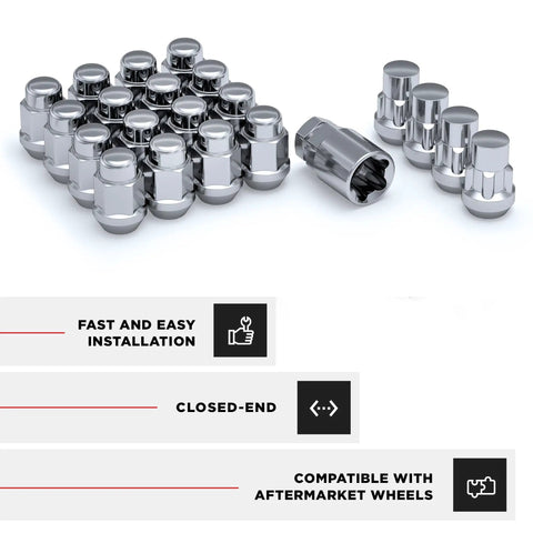 Built Tough Chrome Bulge Acorn Lug Nuts With Security Wheel Locks M12 X 1.50 Thread and keyed locks, chrome finish, 20 pack.