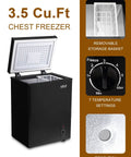 Dead Silent 3.5 Cubic Foot Mini Chest Freezer Compact Top Loading Deep Freeze Storage Black featuring removable storage basket.