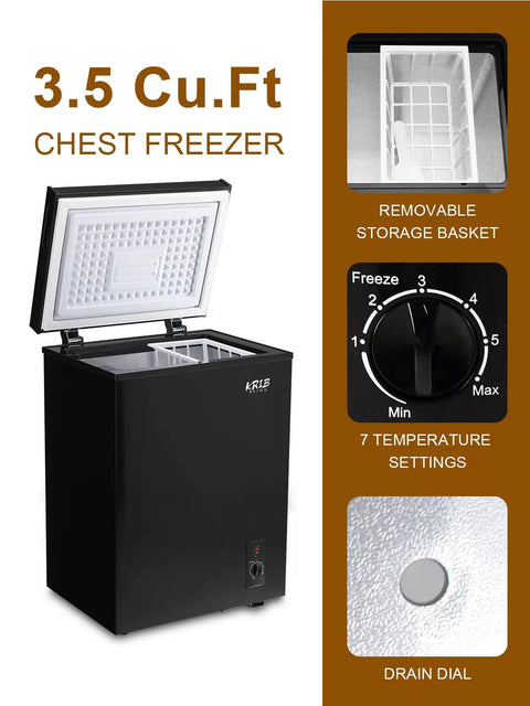 Dead Silent 3.5 Cubic Foot Mini Chest Freezer Compact Top Loading Deep Freeze Storage Black featuring removable storage basket.