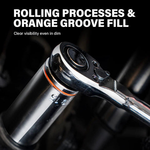 Close-up of 55 Piece Three Eighths Inch Drive Master Impact Socket Set With Shallow And Deep Sockets SAE And Metric