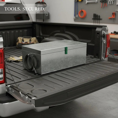 Durable Galvanized Steel Tool Box With Lock And Handle For Workshop, Truck Bed, And Job Site Organization, Rust Resistant Heavy Duty Metal Storage Container secures tools on truck bed