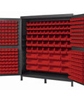 Heavy Duty Gray Steel Storage Cabinet With 264 Red Bins For Garage Tool Organization, open with organized bins