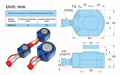Technical diagram of Low Profile 5 Ton Hydraulic Ram Cylinder With 7mm Stroke For Confined Spaces, showing dimensions and connection details.