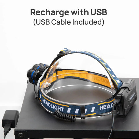 Rechargeable LED Headlamp With 1000LM T6 LED Zoomable Headlight on black charging station with USB cable