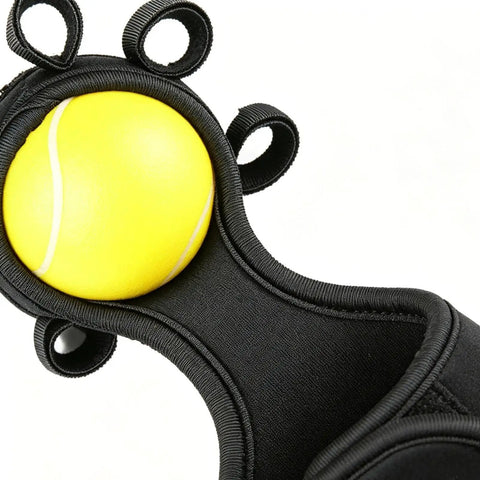 Grip Strength Trainer Ball for Hands and Wrists with yellow ball, six ergonomic holes, and adjustable strap