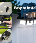 Installation of Beefy Three Head Solar Motion Sensor Flood Light Outdoor Waterproof 3000 Lumen 156 LED on fence