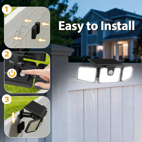 Installation of Beefy Three Head Solar Motion Sensor Flood Light Outdoor Waterproof 3000 Lumen 156 LED on fence