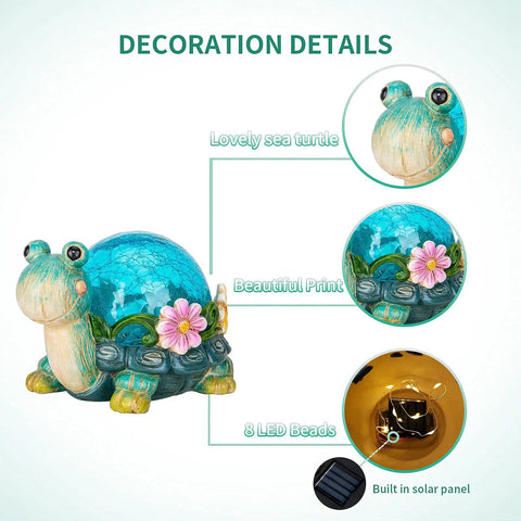Garden Turtle Statue Outdoor Decor Resin Figurine with Glass Solar Lights showing turtle details and solar panel close-up.