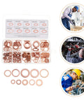 Dope Copper Flat Washer Kit Plus Oil Seal Gasket Set Featuring 200 Heavy Duty Rust Proof Sealing Washers; copper washers in storage case