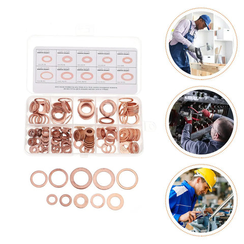 Premium 200-Piece Copper Oil Seal Washer Kit For Auto And Industrial Use Featuring Durable Flat Sealing Gaskets With Superior Thermal Conductivity And Leak Proof Performance To Keep Your Engines Piping And Appliances Running Smooth Like A Dream Without, assorted copper washers in storage case
