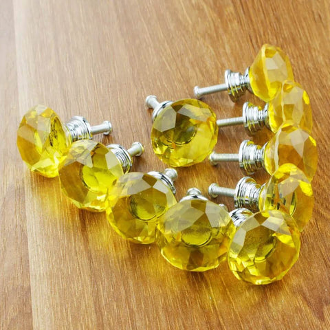 Top Notch Diamond Crystal Glass Cabinet Knobs With Shiny Chrome Base Make Dressers And Kitchen Drawers Look Hella Clean And Sharp Easy Install Hardware Fits Tight And Adds Instant Vibe To Any Room Set Of Ten Smooth Pulls featuring yellow crystal knob set on wood.