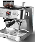 Semi Automatic Espresso Machine With Built In Grinder And Quick Milk Frother 20 Bar Pressure, stainless steel, with coffee beans on top.