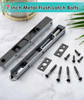 Two Pack 7 Inch Flush Bolts For Double Doors Heavy Duty Black Plated Latch Bolts For Inactive Leaf Secure French Door Opening On Composite Wood Double Doors Corrosion Resistant Solid Brass Construction shown with screws on a marble surface