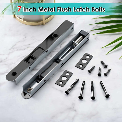 Two Pack 7 Inch Flush Bolts For Double Doors Heavy Duty Black Plated Latch Bolts For Inactive Leaf Secure French Door Opening On Composite Wood Double Doors Corrosion Resistant Solid Brass Construction shown with screws on a marble surface