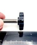 Side view of Three Eighths Inch Thumb Screw Bolts With Black Round Hex Head Clamping Knob Cap Grip next to a ruler