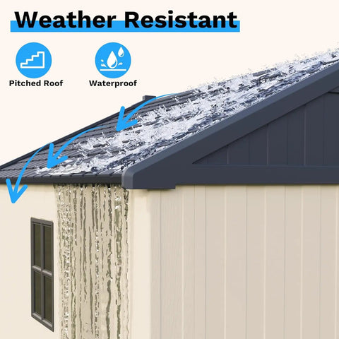 Weather-resistant feature of 8x10 Ft Plastic Storage Shed With Floor showcasing the pitched roof and waterproof design.
