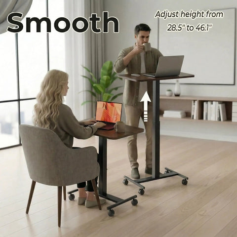 Man and woman using Rollin Laptop Standing Desk With Adjustable Height On Wheels Mobile T Base With Locking Casters Sit Stand Workstation In Walnut Finish