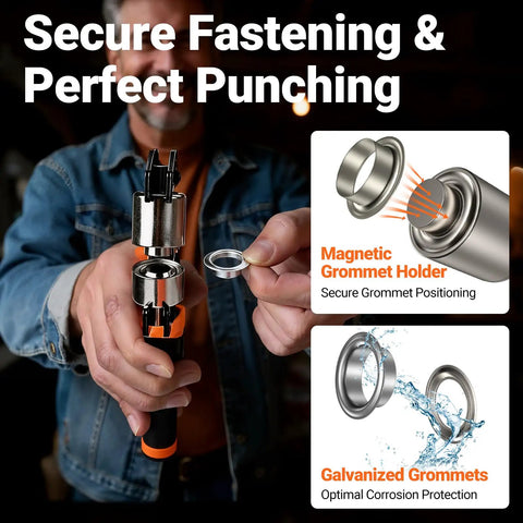 All In One Grommets Tool Kit With Half Inch Grommets And Carrying Case Eyelet Punch Pliers Set demonstration with magnetic holder