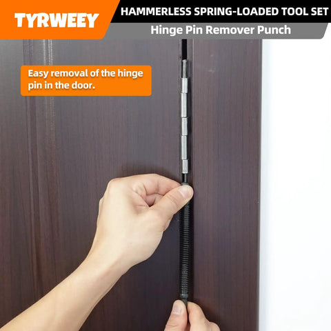 Hinge pin remover punch from the Straight Up Pro 5 Piece Nail Setter And Center Punch Kit removing a hinge pin in a wooden door.