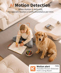Indoor Outdoor 2K Security Camera With 5G And 2.4G WiFi, Two Way Audio, Color Night Vision, Built In Siren, 24 Seven Local Recording, IP65 Weatherproof, Works With Alexa, Ideal Nanny Cam For Baby, Pet, Dog Or Cat Home Security detects motion of child drawing and dog in living room.