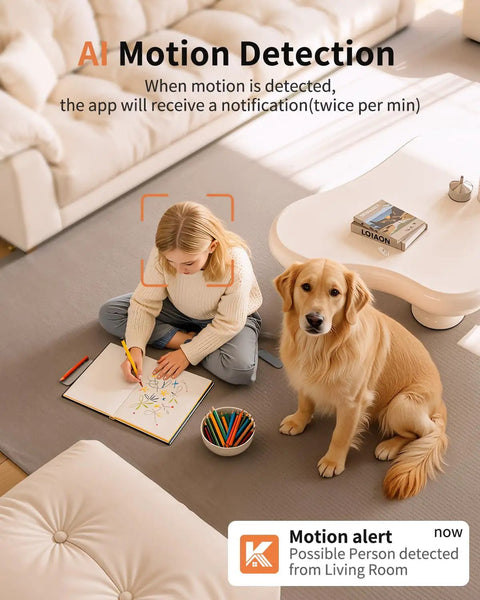 Indoor Outdoor 2K Security Camera With 5G And 2.4G WiFi, Two Way Audio, Color Night Vision, Built In Siren, 24 Seven Local Recording, IP65 Weatherproof, Works With Alexa, Ideal Nanny Cam For Baby, Pet, Dog Or Cat Home Security detects motion of child drawing and dog in living room.