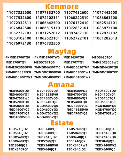 List of compatible dryer model numbers for Left And Right Dryer Drum Support Roller Shaft Kit For Multiple Brand Dryers