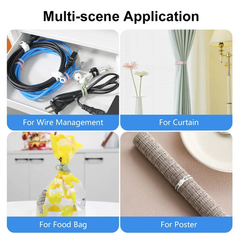 30 Pack Silicone Cable Ties Set, Reusable Elastic Wire Ties For Cables And Electronics shown in use for various applications