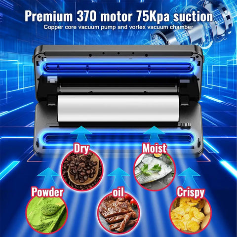 8 In 1 Food Vacuum Sealer Machine With Canning Sealer showing dry, moist, powder, oil, crispy modes with 370 motor 75Kpa suction
