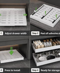 4 Pack White Pull Out Cabinet Organizers 21 Inch Deep Adjustable Width installation steps with smooth glide shelves and kitchen items.