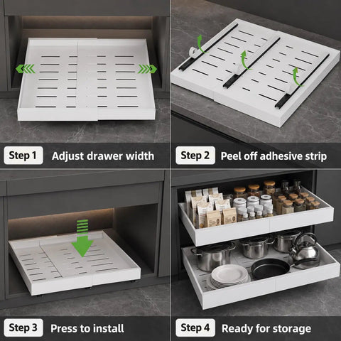 4 Pack White Pull Out Cabinet Organizers 21 Inch Deep Adjustable Width installation steps with smooth glide shelves and kitchen items.