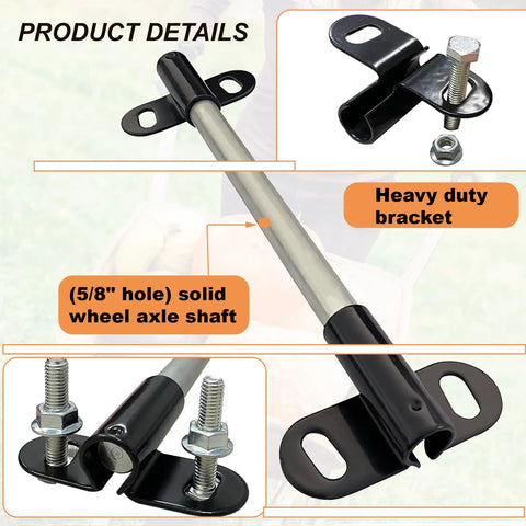 Heavy Duty Wheelbarrow Axle Bracket Kit With Five Eighth Inch Hole Includes Ten Inch Solid Axle Shaft Two Brackets POM Spacers Bolts And Nuts
