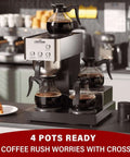 12 Cup Commercial Coffee Brewer With 4 Warmers And 4 Glass Decanters, Pour Over Drip Coffee Maker in stainless steel housing, shown on a countertop with decanters filled with coffee.