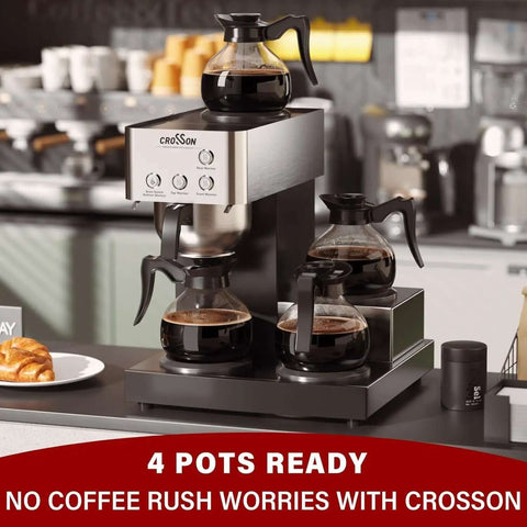 12 Cup Commercial Coffee Brewer With 4 Warmers And 4 Glass Decanters, Pour Over Drip Coffee Maker in stainless steel housing, shown on a countertop with decanters filled with coffee.