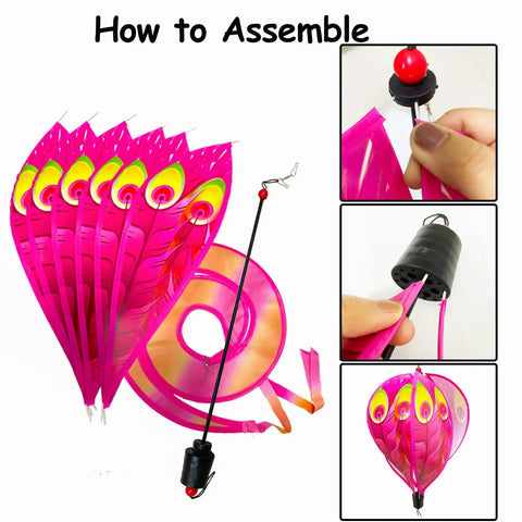 How to assemble colorful hot air balloon wind spinners for yard decor with peacock design and curly tails that spin in winds.