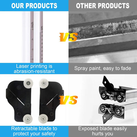 Comparison of Foldable Drywall Cutter Pro Tool with abrasion-resistant laser scale and retractable blade vs other product with spray paint and exposed blade