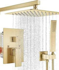 10 Inch Square Rainfall Shower Head And Wall Mounted Brass Shower System With Brushed Gold Finish Solid Brass Pressure Balancing Mixer Valve Complete Handle Set For A Lux Spa Shower