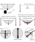 Installation diagram of No-See-Um Hammock Mosquito Net XL 11FT By 4.6FT With 360 Degree Bug Protection Polyester Mesh Dual Sided Diagonal Zipper
