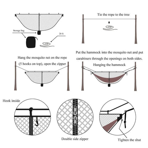 Installation diagram of No-See-Um Hammock Mosquito Net XL 11FT By 4.6FT With 360 Degree Bug Protection Polyester Mesh Dual Sided Diagonal Zipper