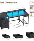 Diagram of 60 Inch Black Computer Desk With 4 Drawers And Printer Space, LED Lights, USB Power Outlets, and shelving dimensions.