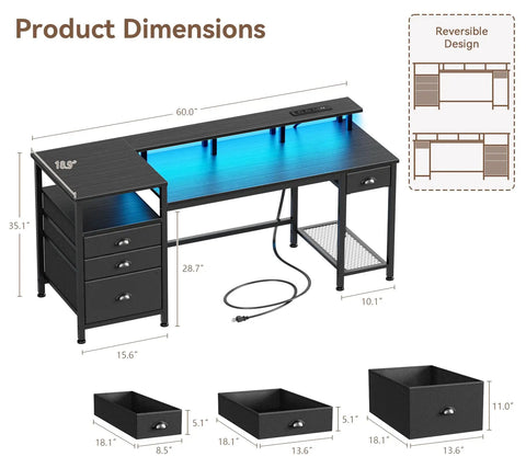 Diagram of 60 Inch Black Computer Desk With 4 Drawers And Printer Space, LED Lights, USB Power Outlets, and shelving dimensions.