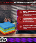 Stack of colorful microfiber cloths on a countertop next to cleaning benefits text for Must Have Everyday All Purpose Microfiber Cleaning Cloths 20 Pack For Cars SUVs Home Kitchen Windows And Workshop Super Absorbent Soft Lint Free Towels For Quick Drying Dusting And Safe Dirt Removal.
